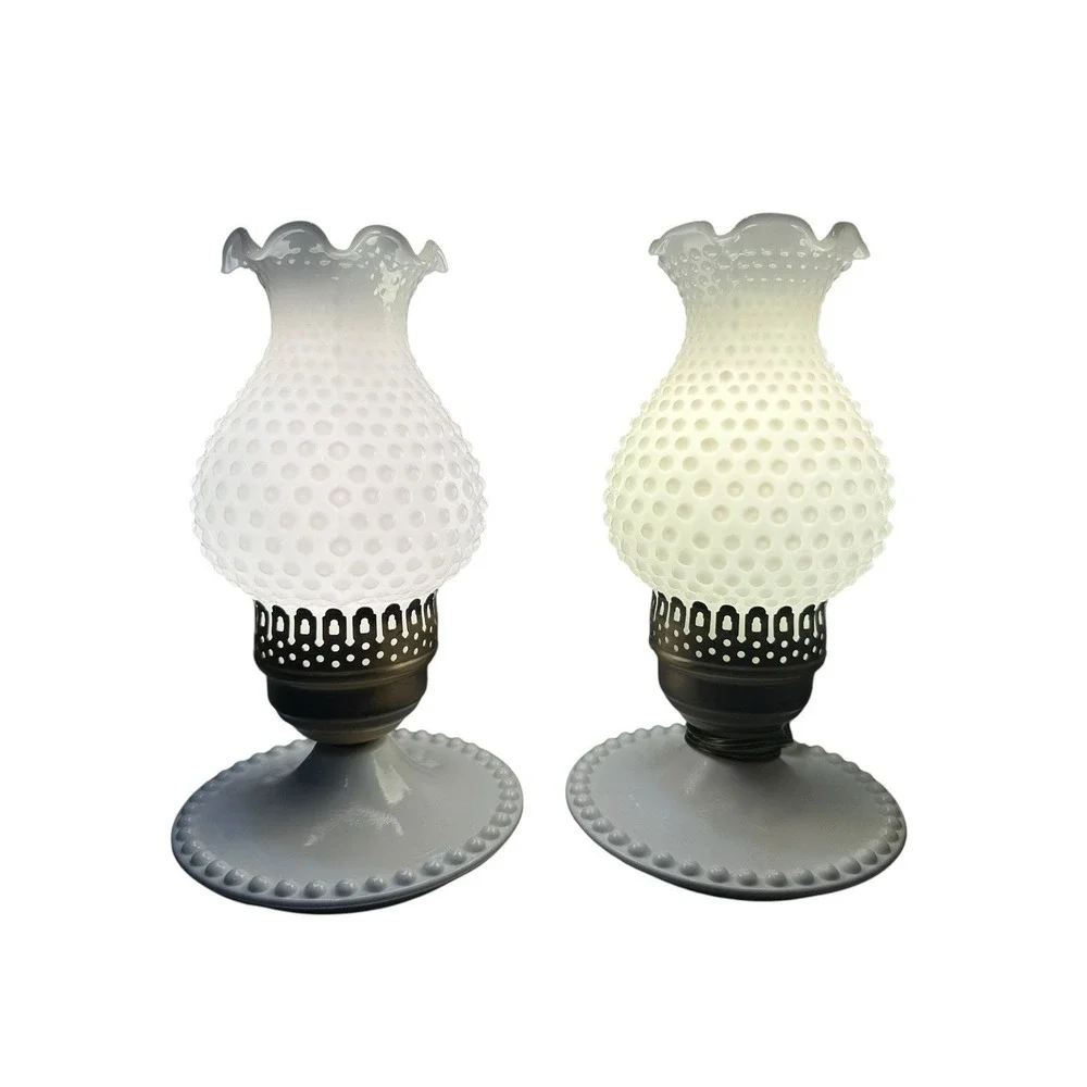 Hobnail Milk Glass Hurricane Lamps Vintage Fenton Style Working Set Pair of 2